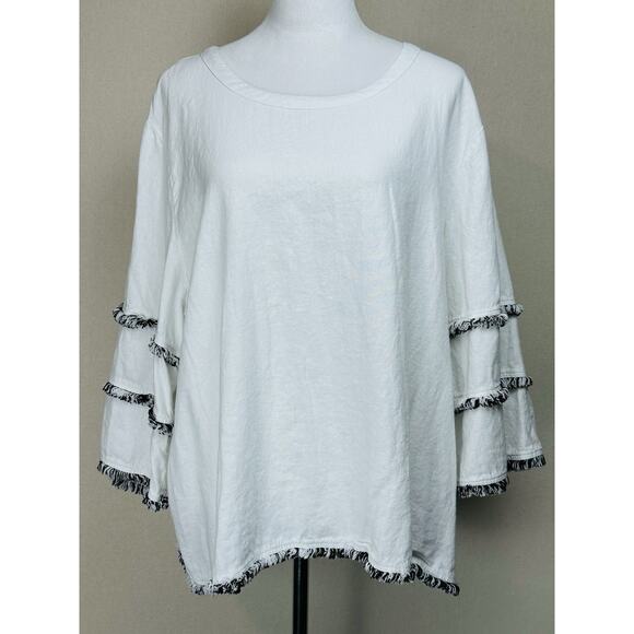 Cynthia Rowley Top Women's 2X Linen Cotton White Black Boho Fringe - Picture 1 of 12